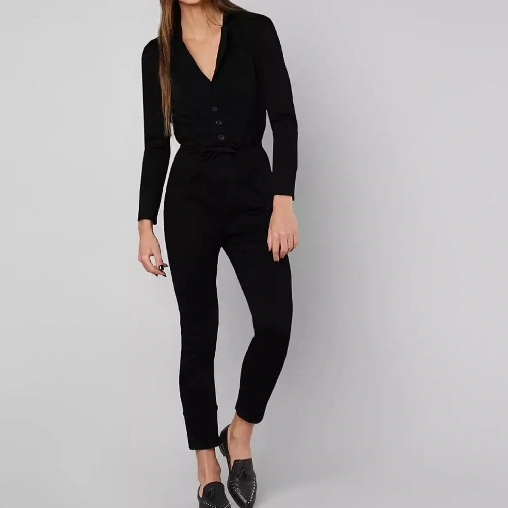 Free People Take Me Out Sleek Black Long Sleeve Stretch Jumpsuit Women's‎ 0 EUC